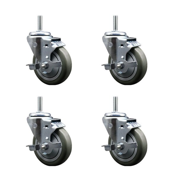 4 Inch Gray Polyurethane Wheel Swivel 34 Inch Threaded Stem Caster Set with Brake SCC